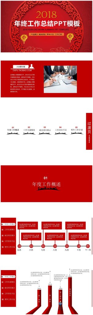 喜庆中国红商务报告总结ppt模板-聚给网