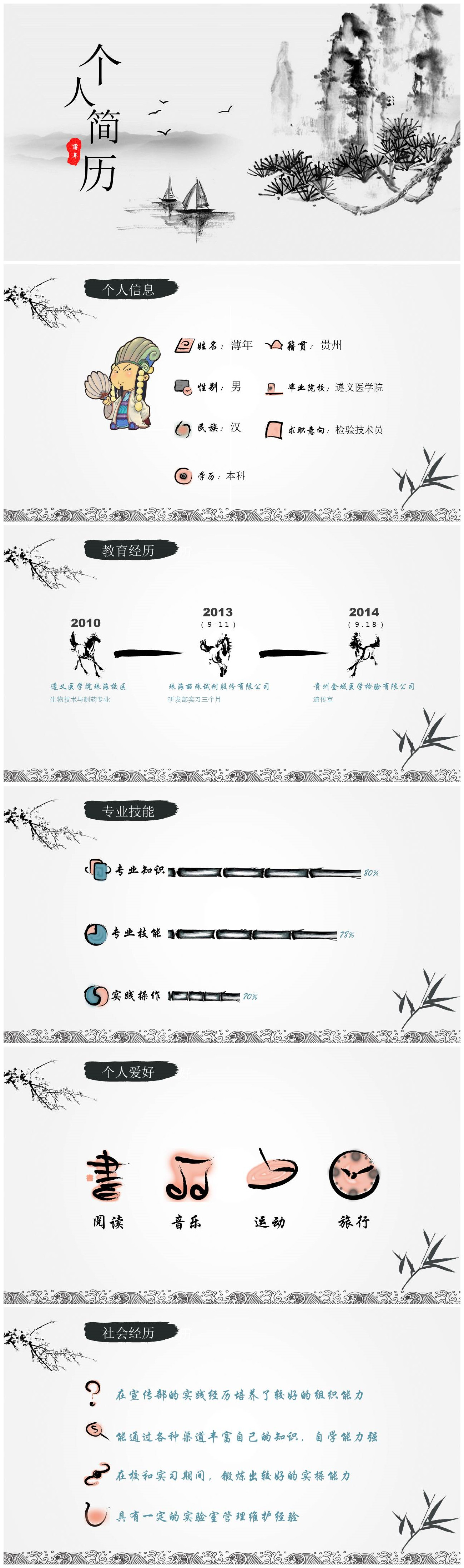 简约水墨中国风经理个人简历ppt模板