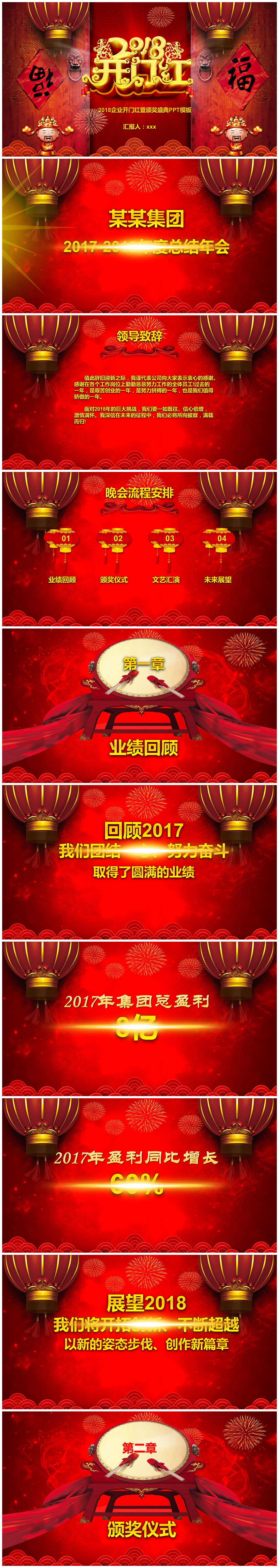 喜庆中国风开门红新春年终总结汇报ppt模板