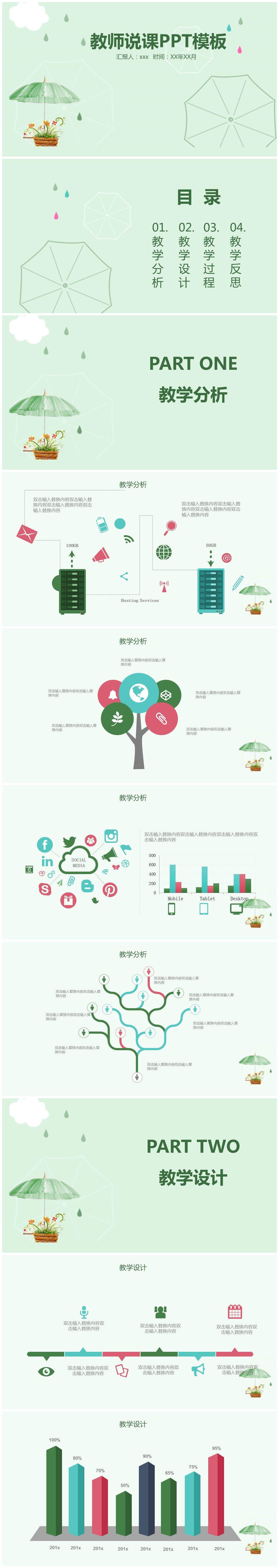 绿色小清新卡通教师说课PPT模板-聚给网