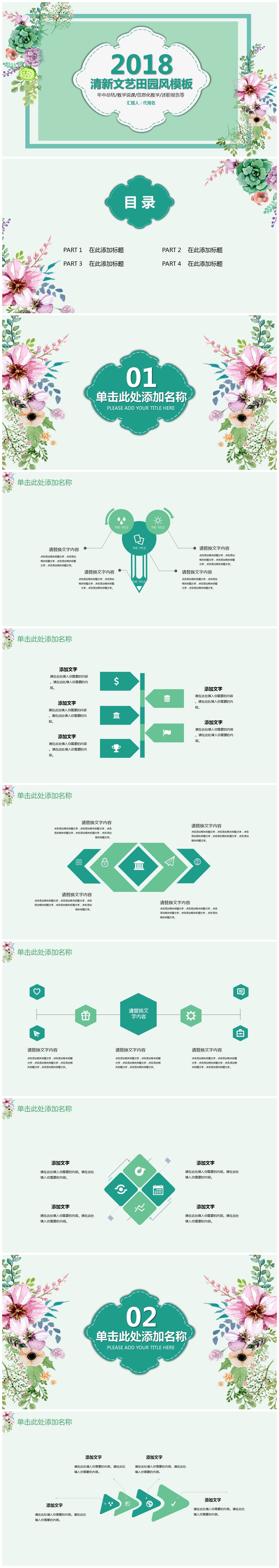 清新花束文艺田园风教师说课PPT模板-聚给网