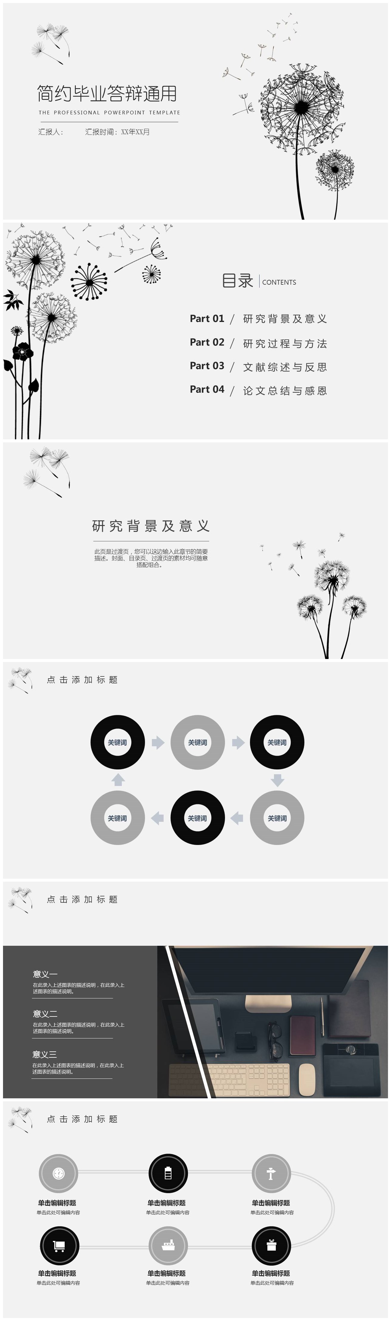 黑白简约蒲公英背景毕业答辩通用ppt模板