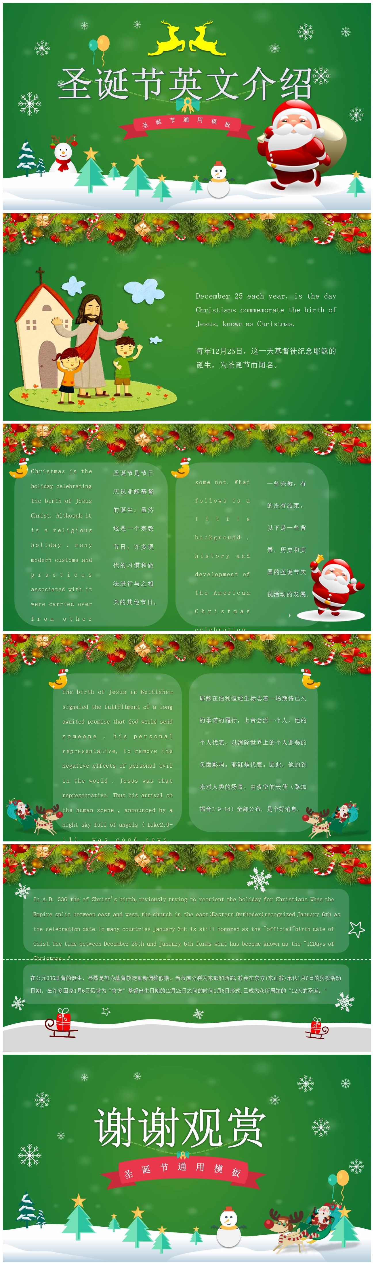 绿色卡通圣诞节英文介绍ppt模板