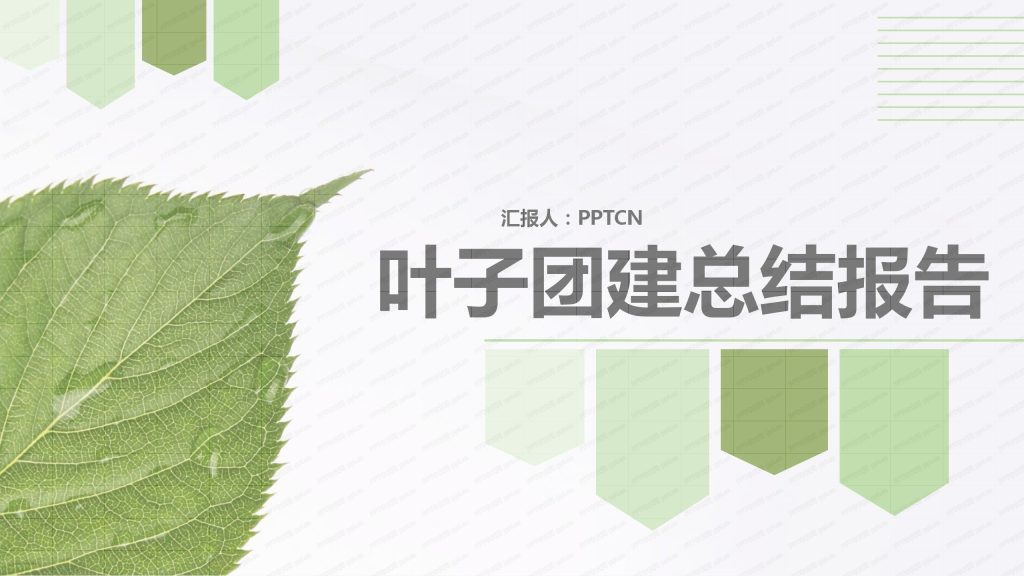 绿色简约叶子企业团建总结汇报ppt模板-聚给网